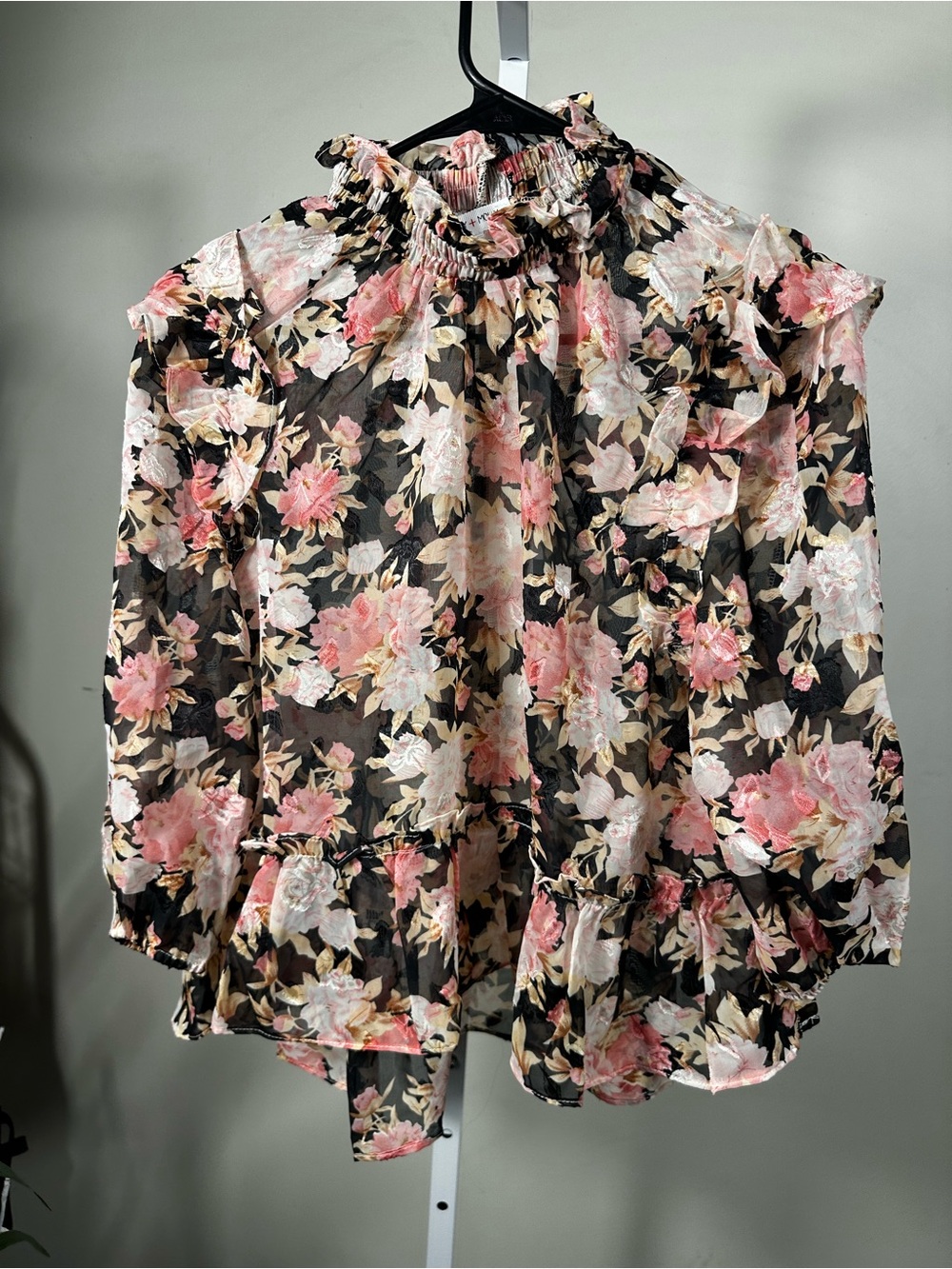 N99 Miley and Molly- Floral Ruffle Blouse in Pink and Cream on Black